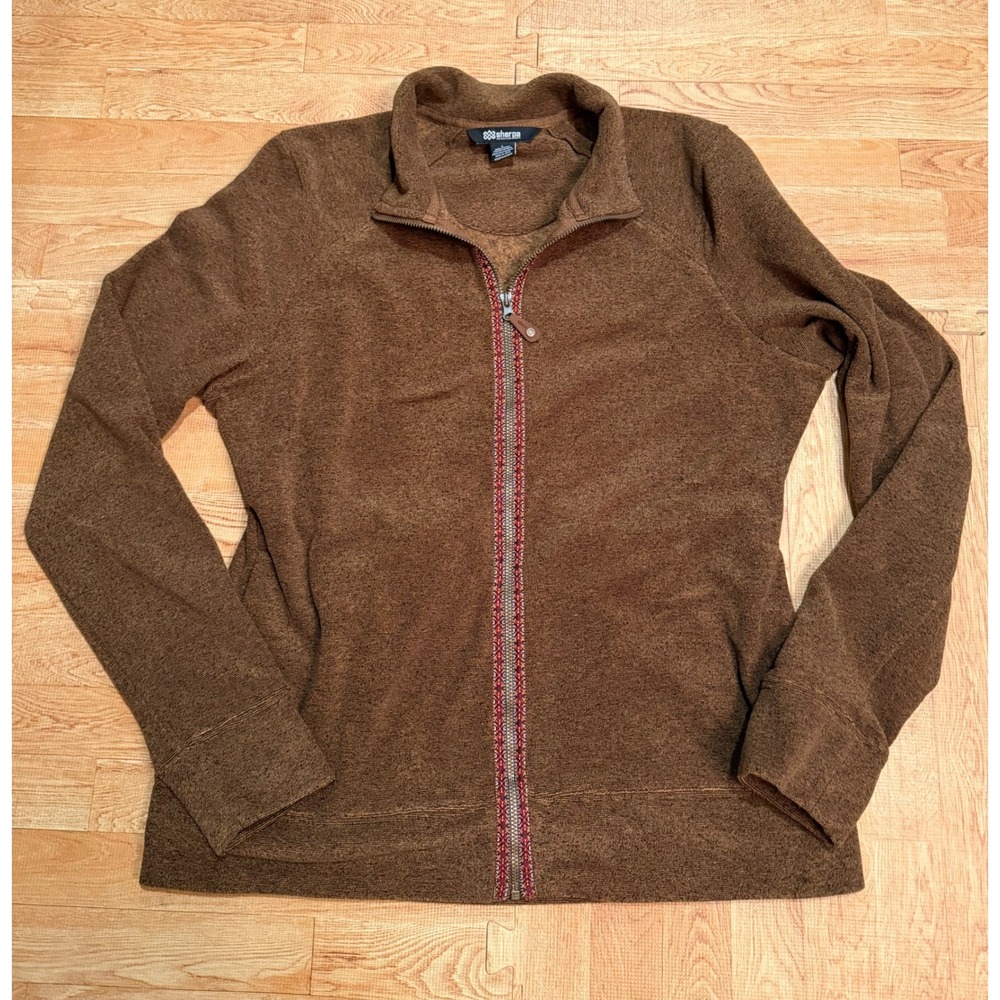 Sherpa Adventure Gear Brown Full Zip Fleece Jacket Woven Trim Women Large